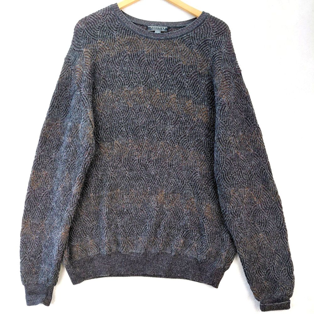Peruvian Connection Sweater Mens XL Gray Aplaca Blend Geometric Abstract Cosby